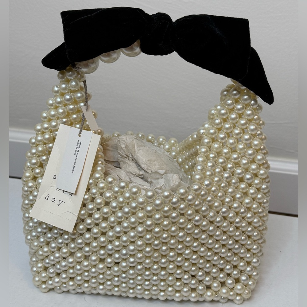 a new day Pearl Beaded Mini Bag with Black Velvet Bow